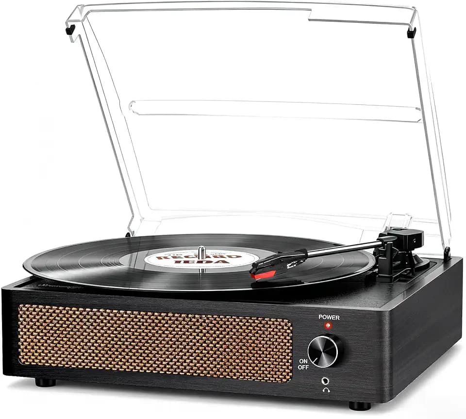 Seasonlife® Vinyl Record Player with Speakers,Wood Black Vintage Turntables