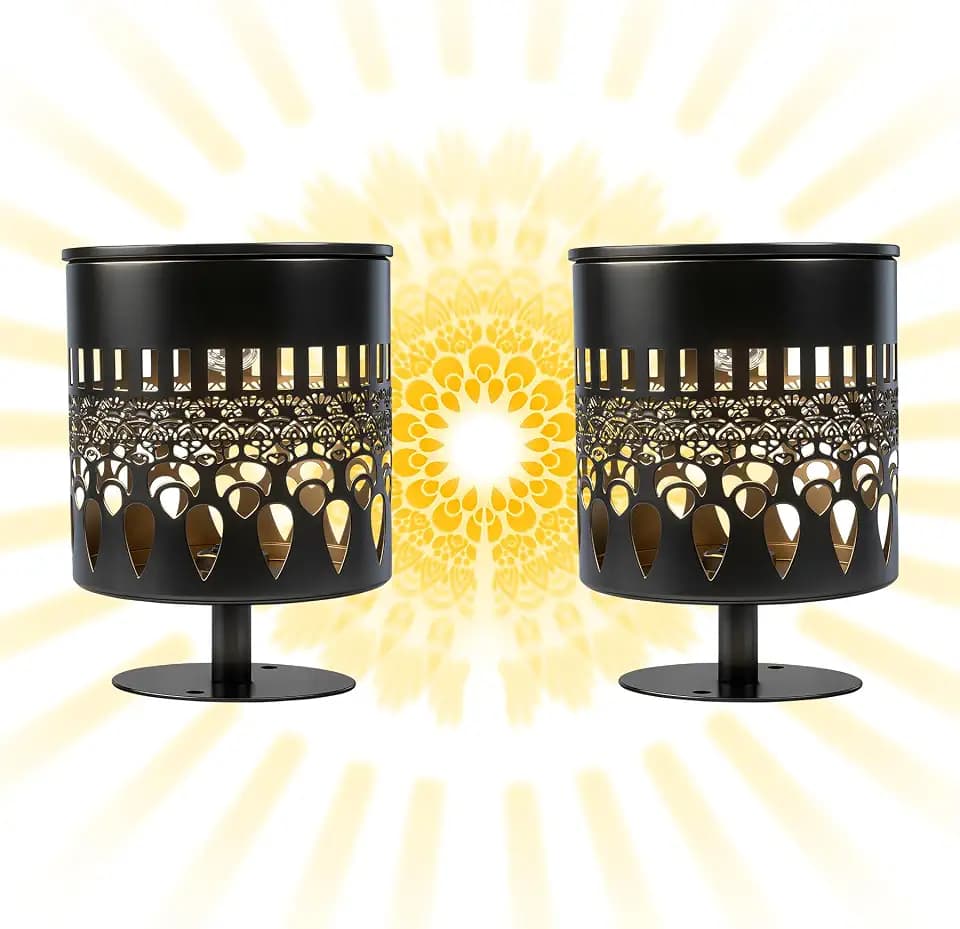 Solar Fence Lights 2 Pack, Outdoor Deck Step Wall Lights, Metal Waterproof LED Warm Yellow Light for Garden Post Patio Backyard Yard Decor (Peacock Feather-2, 2)