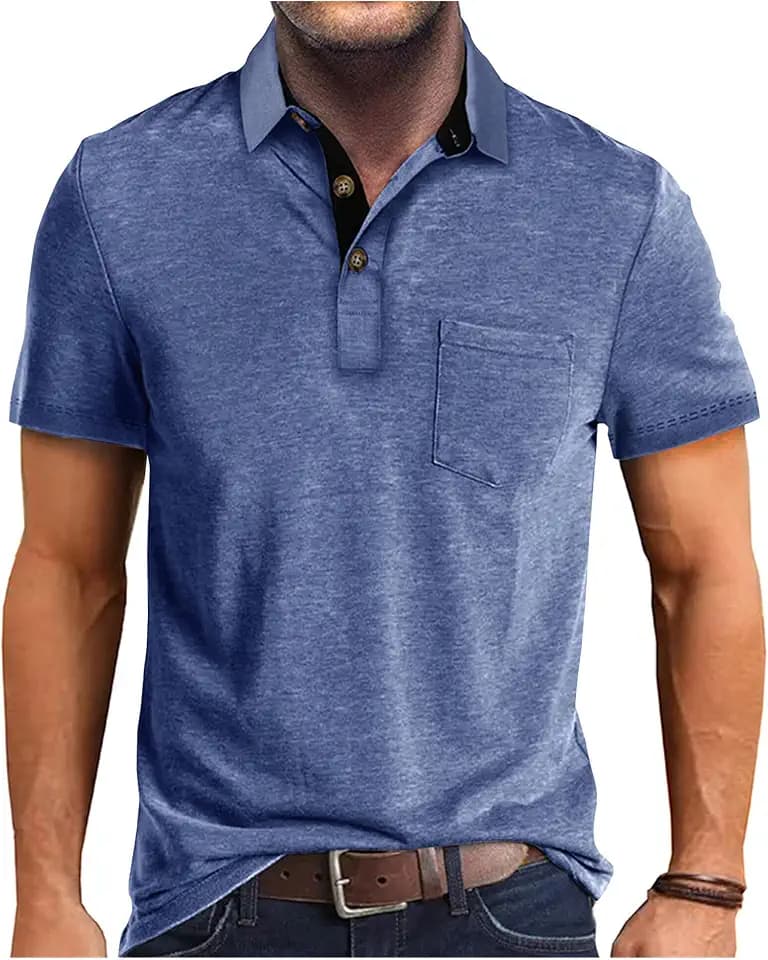 Men's Short Sleeve Polo Shirts Buttons Collared T Shirts with Pocket