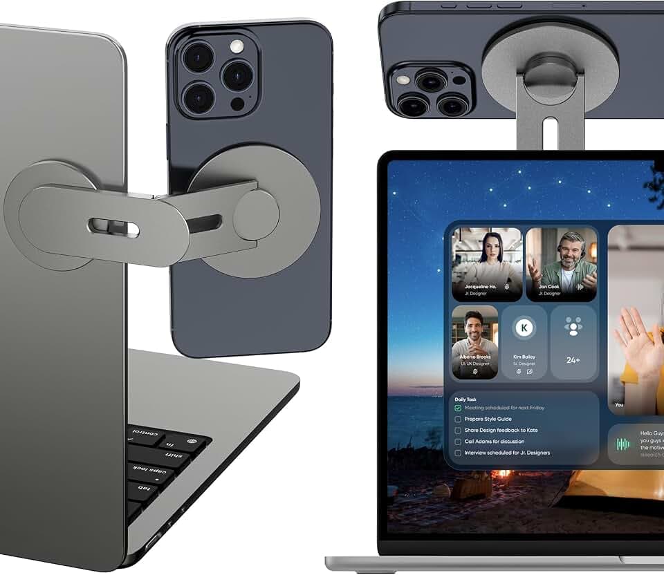 Magnetische Laptop Handy Ständer [110° Faltbar & 180° Einstellbare], Metall Handyhalterung Kompatibel mit MagSafe iPhone Serie, Seitliche Telefonhalterung für Tesla/Computer/Bildschirm, Grau