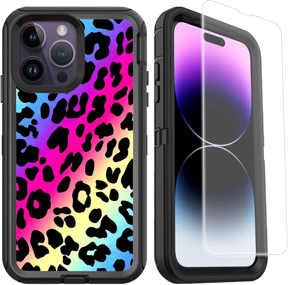 Compatible for iPhone 14 Pro Case with Screen Protector for Women Girls Cute Neon Leopard Rainbow Shockproof 3-Layer Full Body Heavy Duty Luxury Fashion Protective Case for iPhone 14 Pro