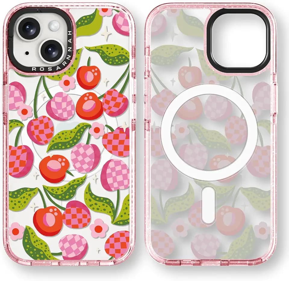 Rosarnnah for iPhone 14 Case Aesthetic Pink, Checkered Cherry