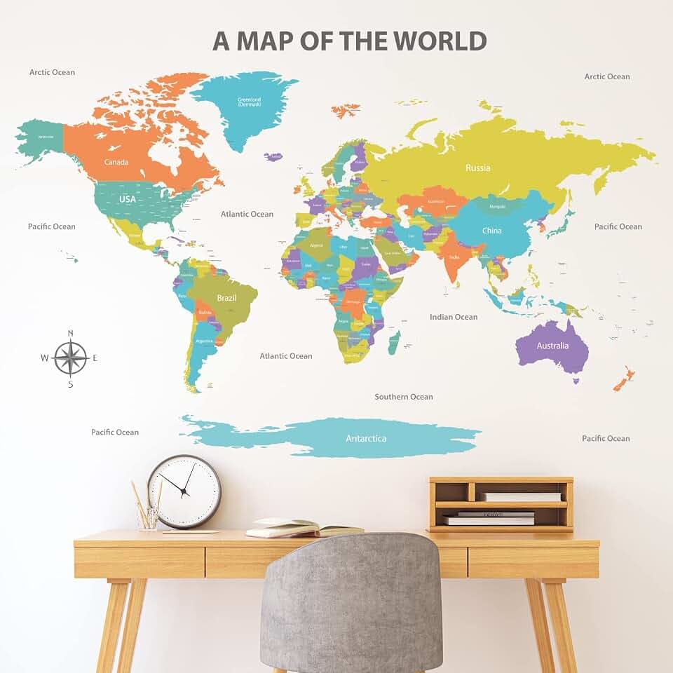 DECOWALL DL3-2302 Extra groß Farben Weltkarte Wandtattoo (152x105 cm) Kinder Nuserie Wand dekoriert Haus-Kunst Reisen Jungen Raum Baby internationalen Farbwissen lernen Tapeßerei Nation weltweit