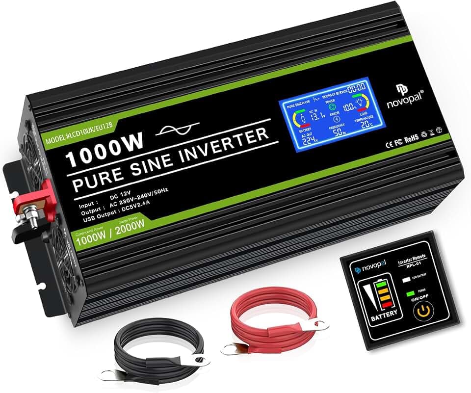 NOVOPAL 1000W Kfz Wechselrichter 12v auf 230v Reiner Sinus Spannungswandler | LCD-Display & 5m-Fernbedienung, Spitze 2000W, USB-Port, 2 EU-Steckdosen für Autos, Wohnmobile, Boot,Camping