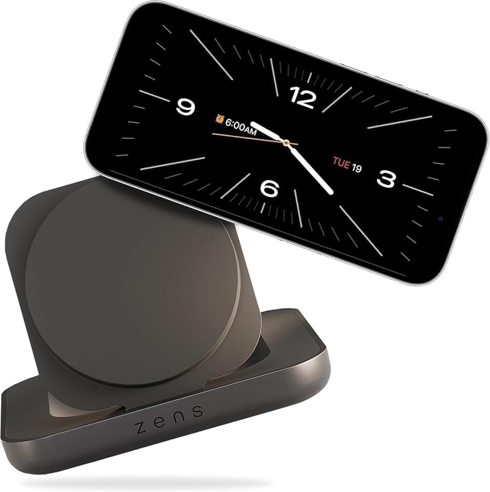 Zens Magnetisches Nachttisch-Ladegerät | Qi2 Magnetischer Ständer mit bis zu 15W kabellosem Laden | Querformat oder Flach | Inklusive 20W USB-C Power Adapter | Premium Zinklegierung Gehäuse | USB-C