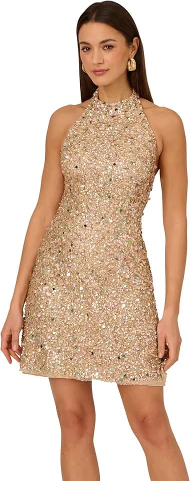 Adrianna Papell Women's Beaded Halter Short Dress