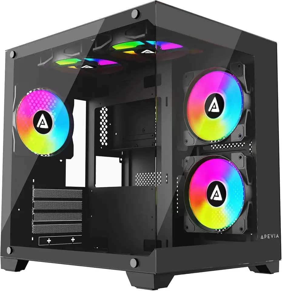 Apevia Prism-BK Prism Micro-ATX Gaming-PC-Würfelgehäuse mit 5 x 120 mm ARGB-Lüftern, 366 RGB-Modi, Zwei gehärtete Glasscheiben, 240 mm Heizkörperunterstützung, 1 x USB 3.0, 2 x USB 2.0,