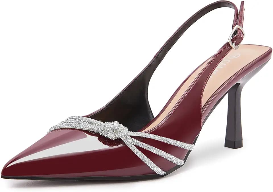 CAMSSOO Rhinestone Bow Kitten Heels for Women Pointy Slingback Pumps