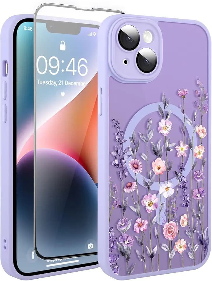 Magnetic for iPhone 14 Case with Screen Protector, Purple Flower