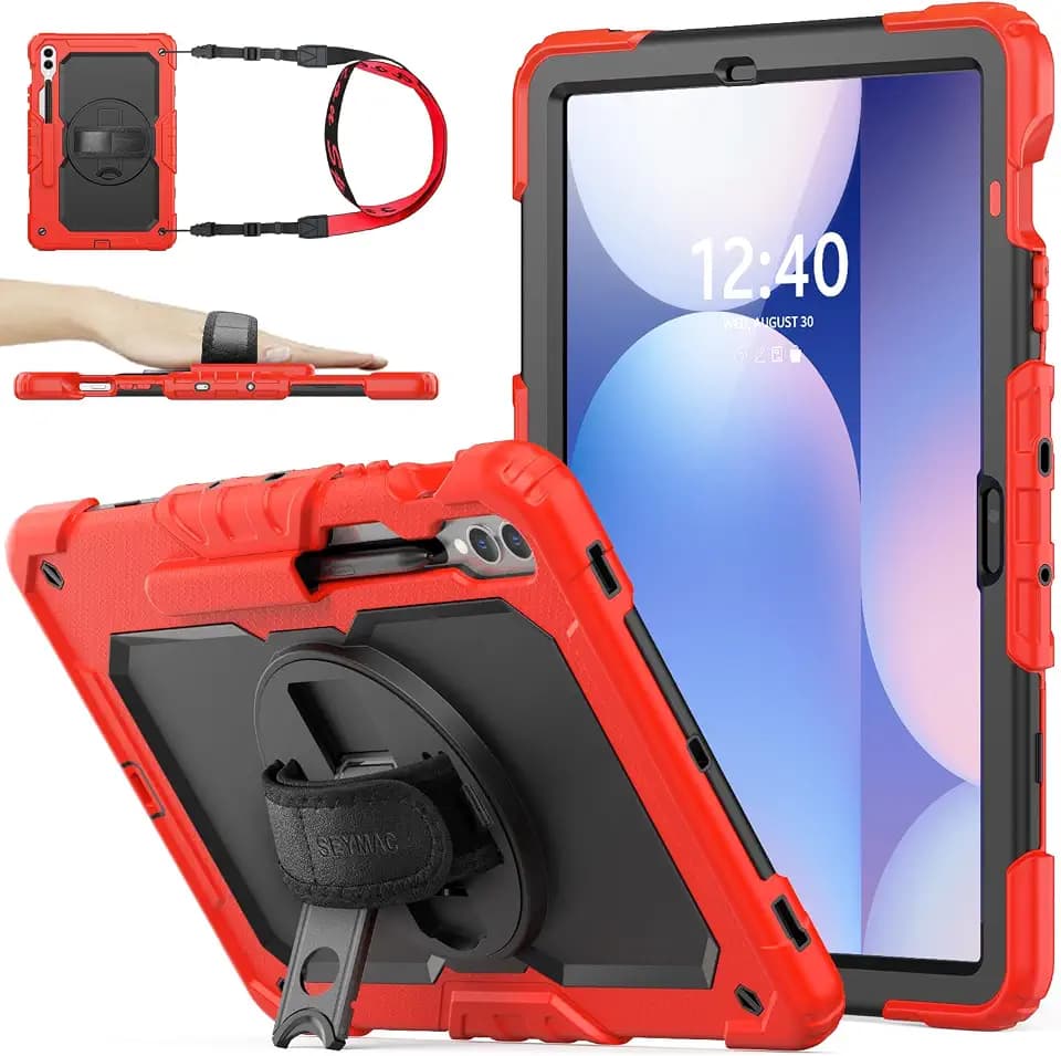 SEYMAC stock Case for Samsung Galaxy Tab S10+ Plus/ S9 FE+ Plus/ S9+ Plus 5G Tablet Case 12.4'' Protective with Screen Protector, Pen Holder, 360 Rotate Stand, Hand Strap, Shoulder Strap, Red