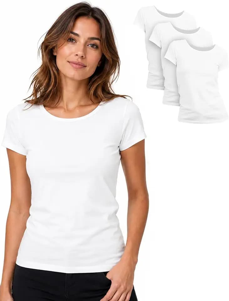 Basic Treasure 2/3er-Pack Damen T-Shirts 100% Baumwolle, Kurz- oder Langarm