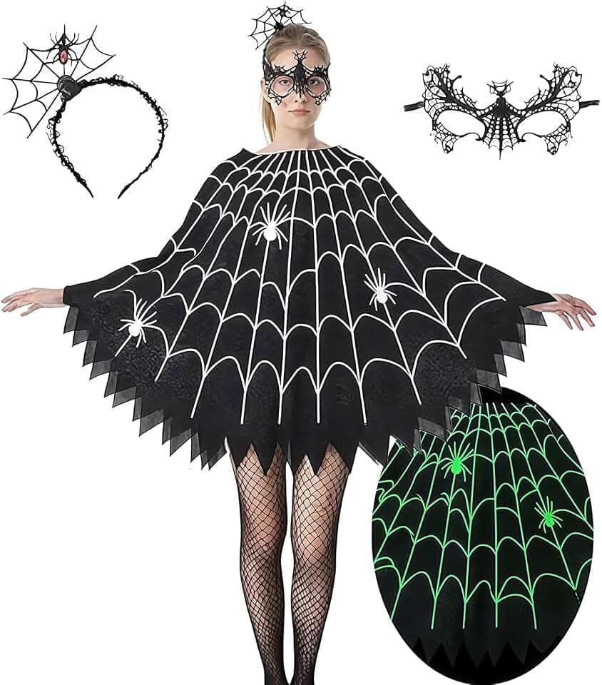 Spinnennetz Poncho Halloween Kostüm Set für Damen, Glow