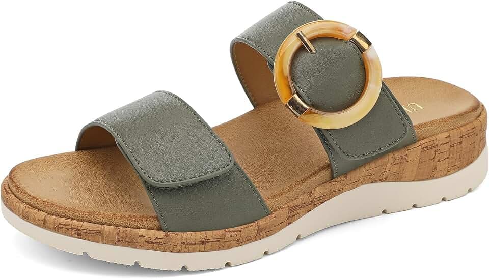 UBFEN Womens Low Wedge Slides Comfy Arch Support Cushioned Footbed