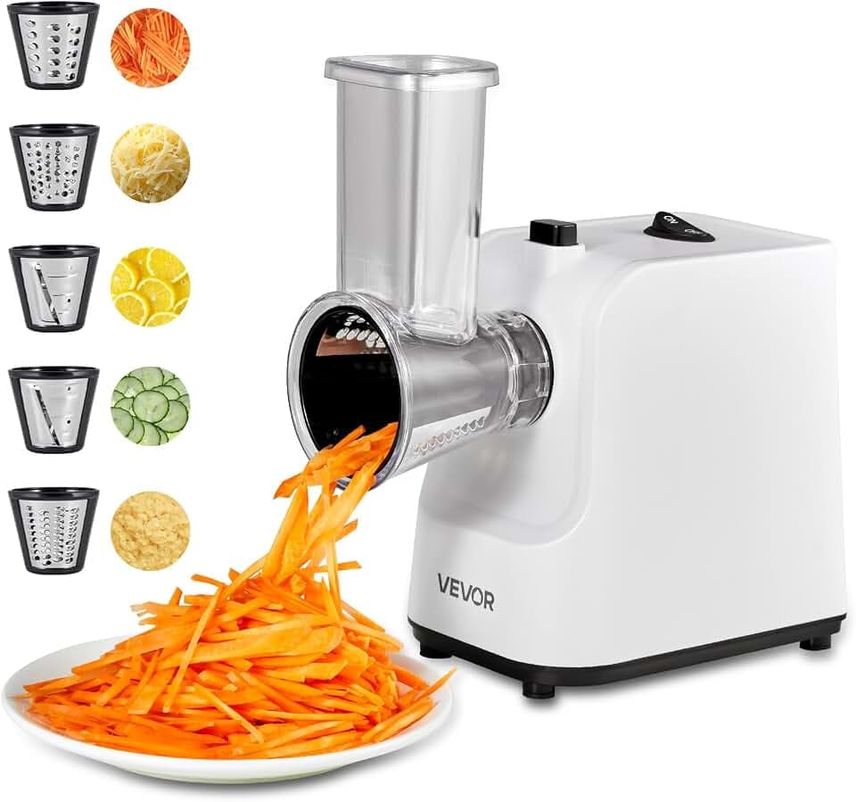 VEVOR Elektrische Käsereibe Salatzubereiter 200 W Gemüsehobel Gemüseschneider, Drehreibe mit 5 Aufsätzen, Lebensmittelschneider mit Edelstahlklingen für Gemüse Käse schnelles Schneiden