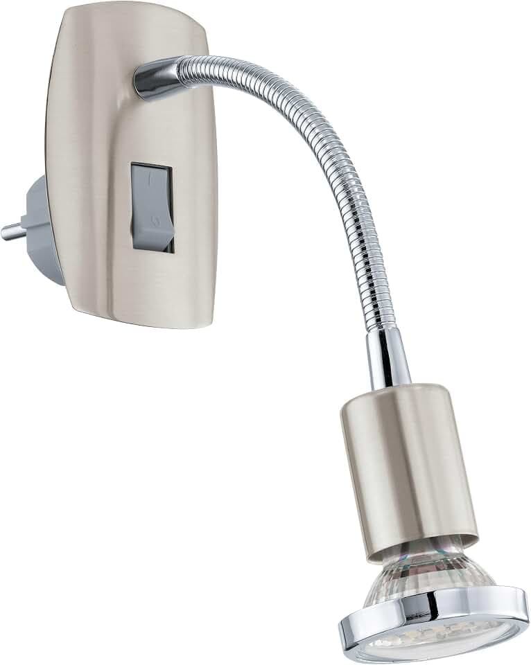 EGLO Steckdosenspot Mini, 1 flammige Steckerleuchte | Steckdosenlampe aus Stahl, Farbe: Nickel matt, chrom, Fassung: GU10, inkl. Schalter und Flexarm