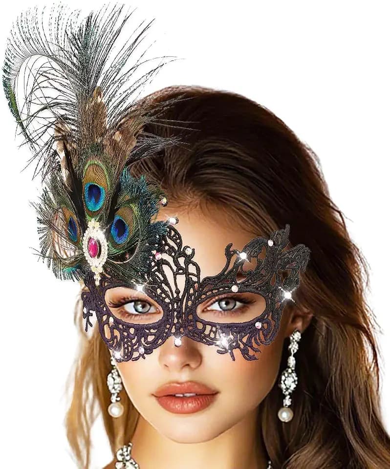 Campsis Rhinestone Masquerade Mask, Green Masquerade Ball Mask, Feather Party Masks for Women