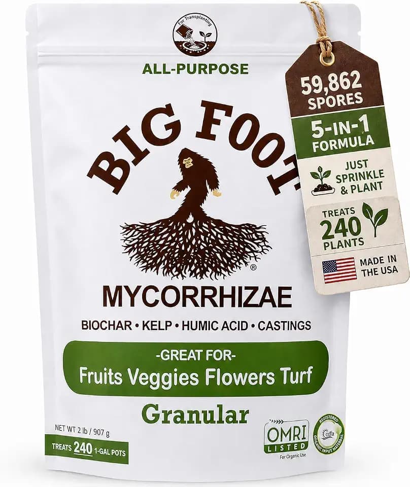 Big Foot Mycorrhizal Fungi Granular for Transplants - for All Plants - Easy to Use Root Stimulator - Treats 240 Plants (60K mycorrhizal Spores) - Double Your Plant Size - 2 Pounds