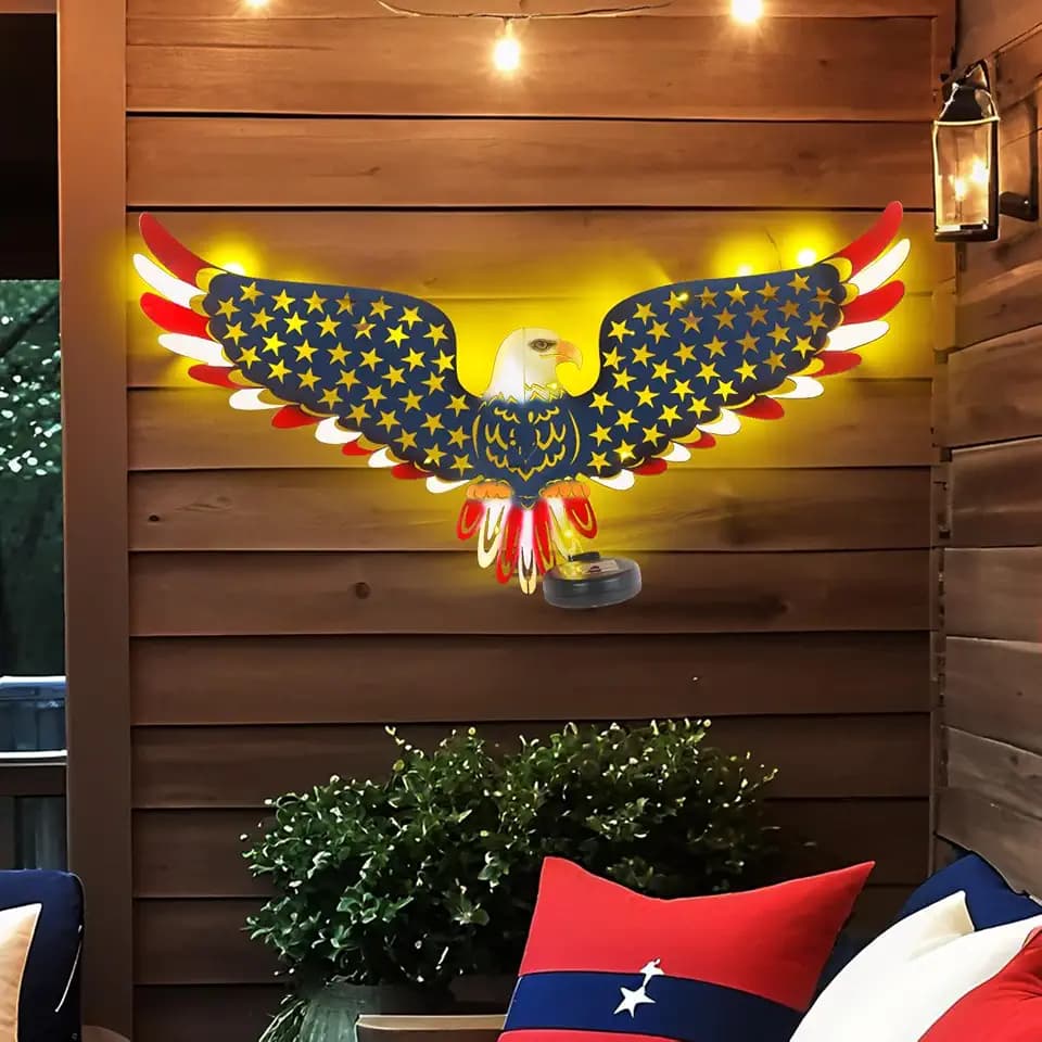 23" American Eagle Metal Wall Art with Solar Lights Outdoor Decorative