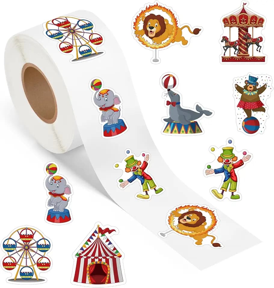 500 Pcs Circus Stickers Roll Funny Carnival Animal Clown Decals Self Adhesive Waterproof Cartoon Birthday Party Decorations Supplies Favors DIY Craft Envelope Seals Scrapbook Cup Decals