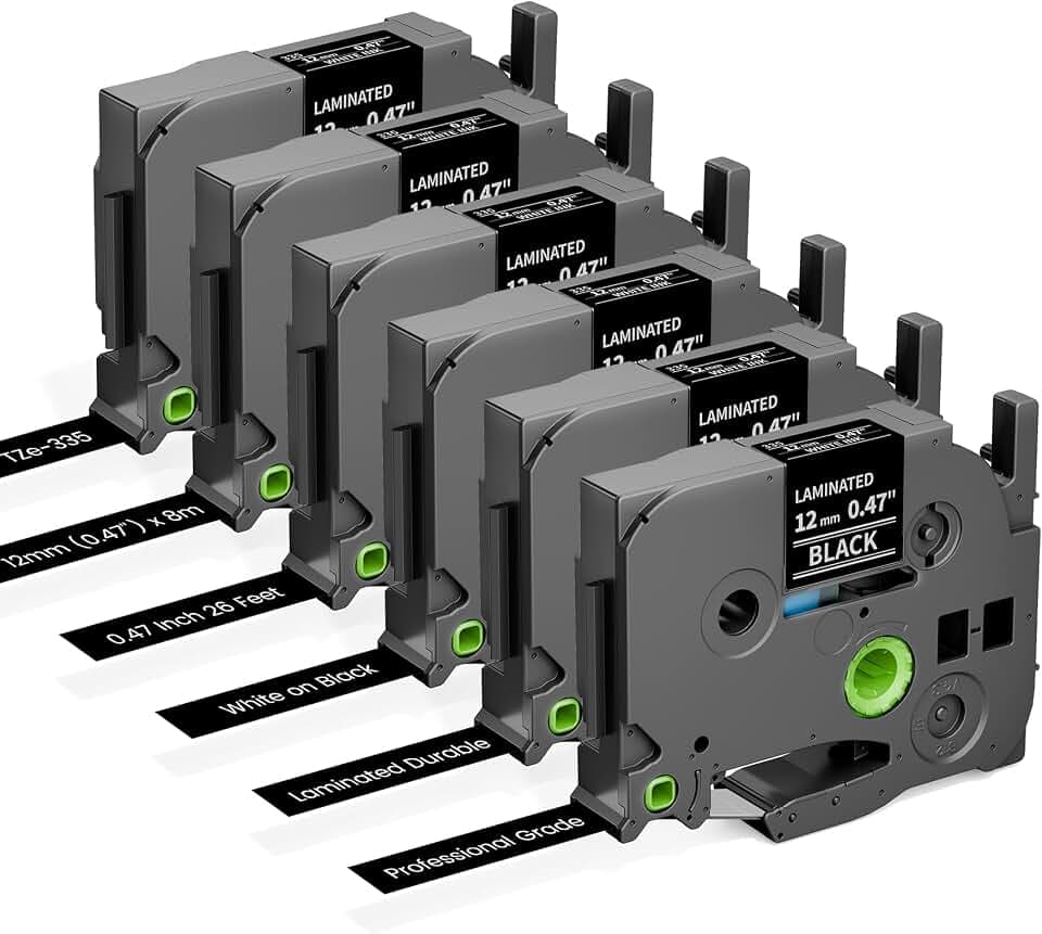 6-PK TZe-335 Replace for Brother Label Maker Tape 12mm 0.47 Black Laminated