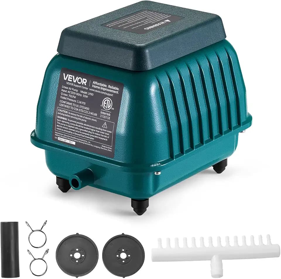 VEVOR Linear Air Pump, 1110 GPH Air Flow, Septic Aerator Pump, Aeration System for 10 ft Deep Ponds, Fit for Septic Tanks, Aquariums, Waste Treatment, Seafood Restaurants, Fish Farms, Hydroponics