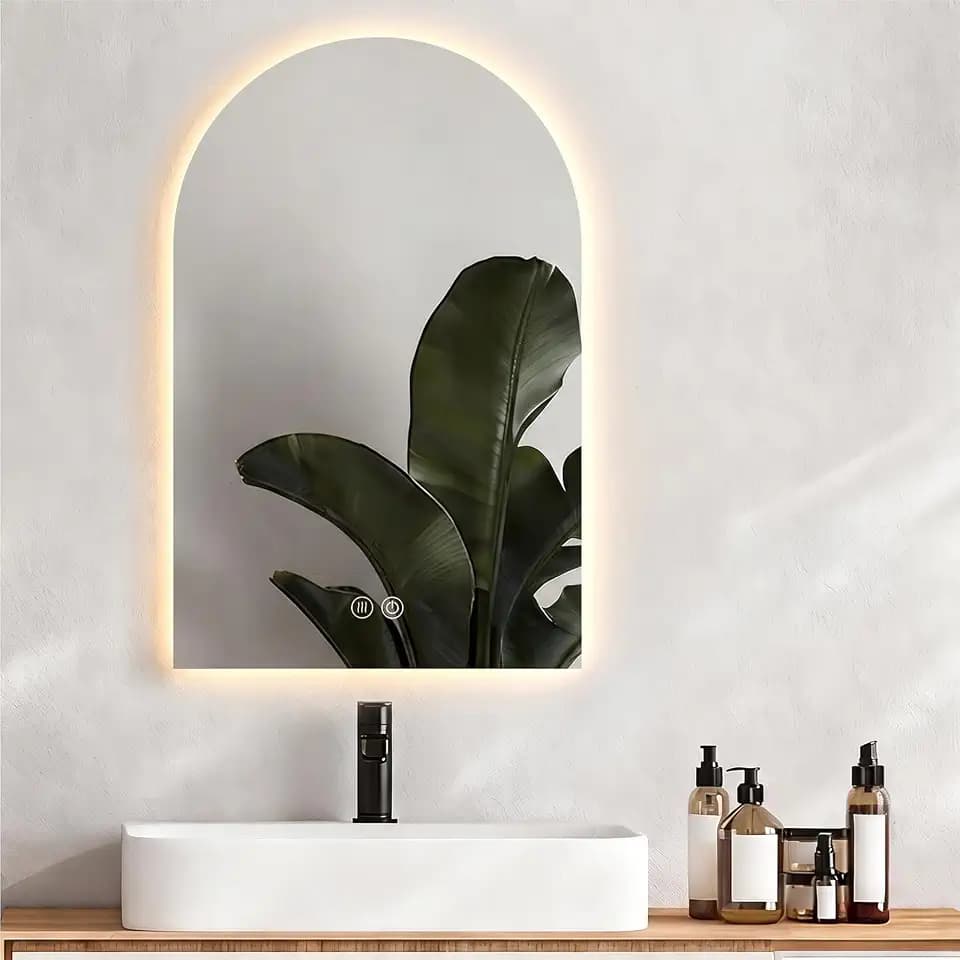 SANYCASA Bogenförmiger Touchspiegel 75x50 cm – LED Badezimmerspiegel mit Anti-Beschlag, 3 Farbtemperaturen, dimmbar, IP54