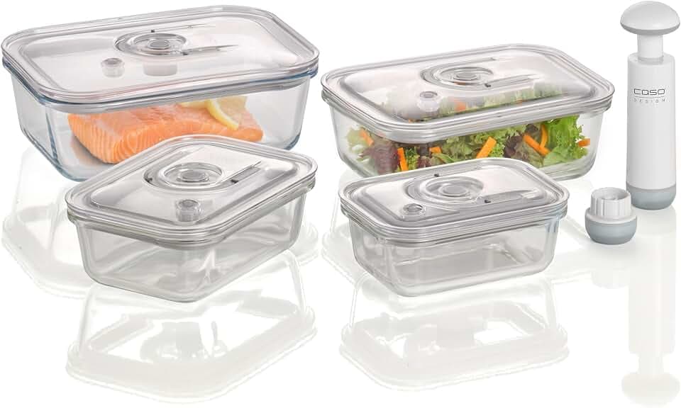 CASO VacuBoxx E-Set - 4 extrem stabile eckige Vakuumbehälter aus Borosilikatglas, BPA-Frei, hitzebeständig, spülmaschinenfest, gefriergeeignet, geschmacksneutral, genaue Datumseinstellung