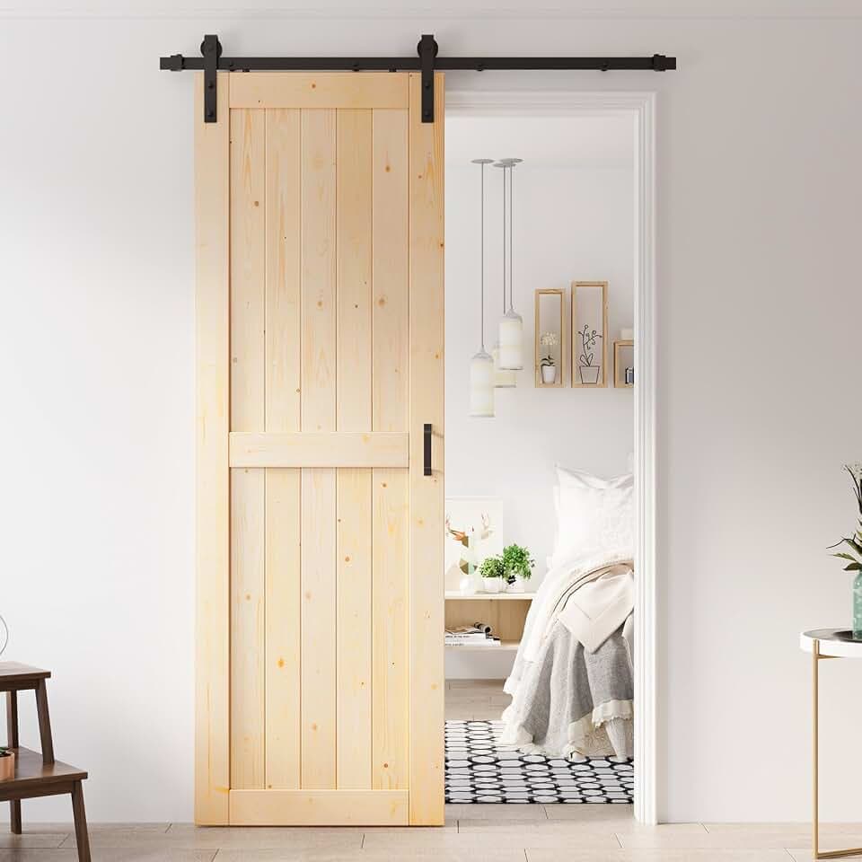 32x96 inch Sliding Barn Wood Door Slab with 5.5ft Hardware Kit, Requires Simple DIY Assembly
