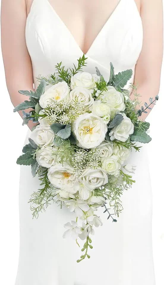 Rinlong White Sage Cascading Bouquet, Wedding Bouquet for Bride
