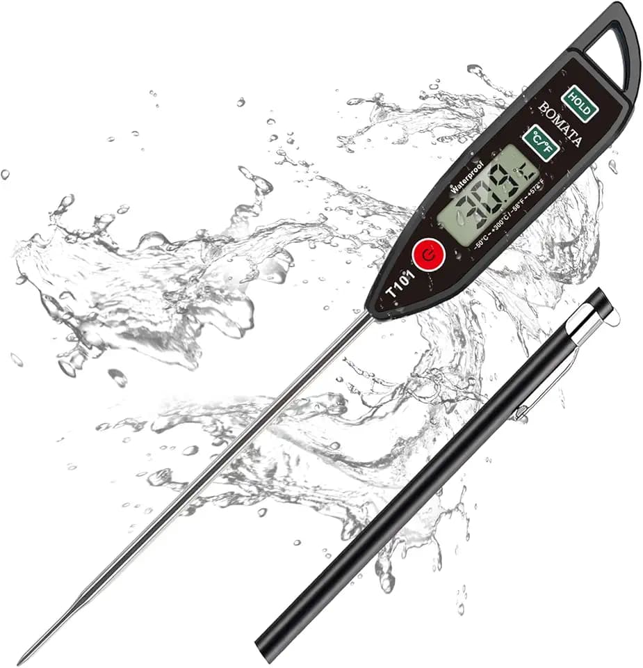 BOMATA Wasserdichtes IPX7 Thermometer, geeignet für Wasser, Flüssigkeiten,Kerzen und Kochen.Sofort ablesbares Lebensmittelthermometer mit langer Sonde,geeignet für Kochen,Fleisch,Grillen!T101 schwarz