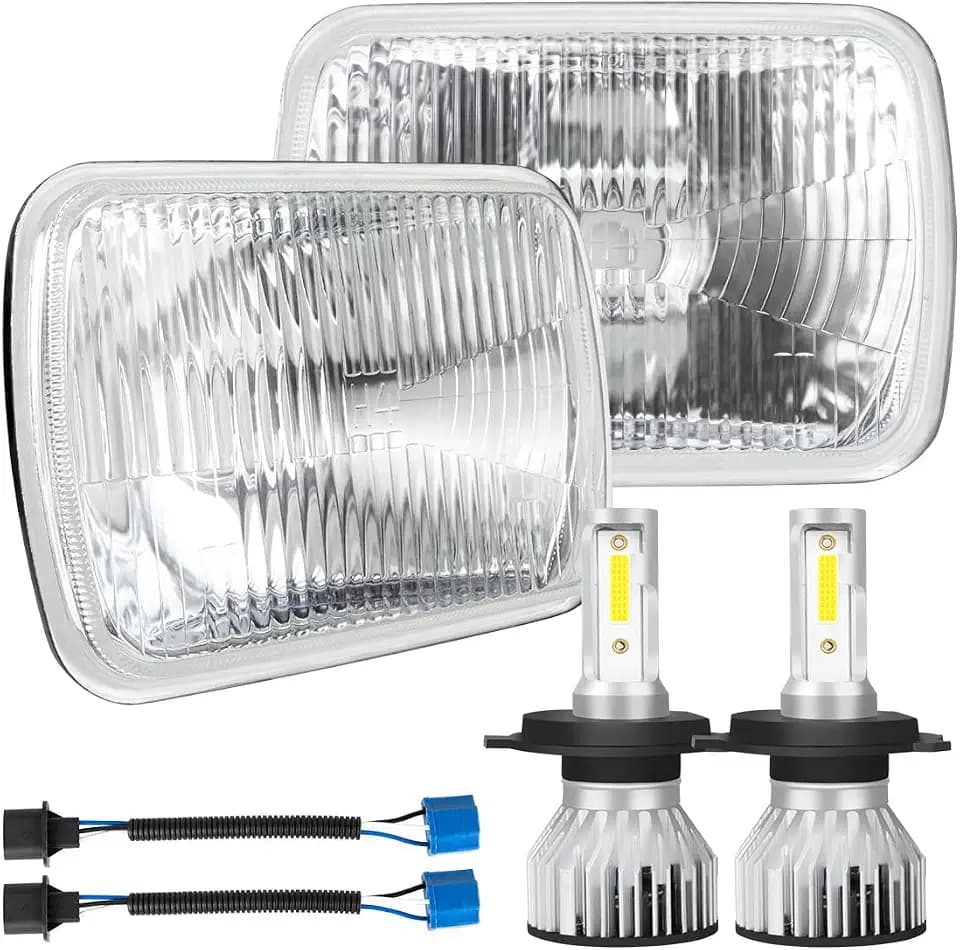7X6 Inch H6054 Glass Square Headlight Housing + H4/9003 High Low Beam Bulbs for Cars,Truck and Van,Halogen Sealed High Low Dual Beam,OEM Style Original Classic Look Conversion Assembly Pair Kit