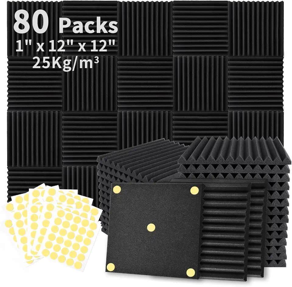 Focusound 80 Pack Acoustic Foam Panels 1" x 12" x 12" Sound Proof Foam Panles Soundproofing Noise Cancelling Wedge Panels for Home Office Recoding Studio with 420PCS Double-Side Adhesive