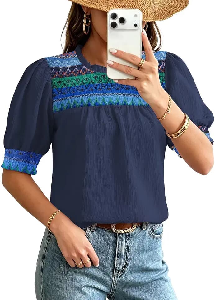 Falechay Womens Summer Tops Boho Geometric Ruffle Crewneck Blouses Puff Short Sleeve Shirts Dressy Casual Chiffon Tunic