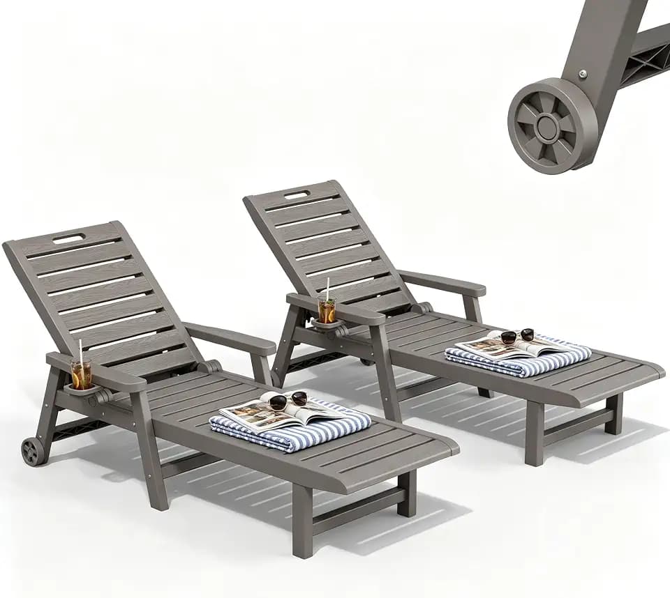 HDPE Outdoor Lounge Chair Set of 2 with Wheels & Cup Holder, Grey