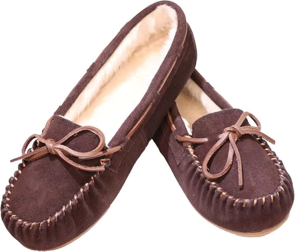 PEDOQU Womens Moccasin Genuine Leather Slippers, Indoor/Outdoor House Shoes