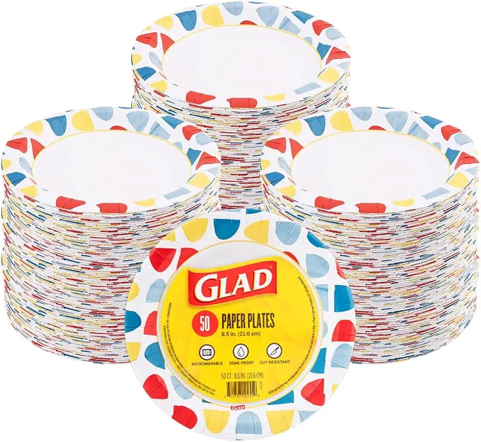 Glad Round Disposable Paper Plates, Semiellipse, 8.5 In, 50 Ct, 6-Pack