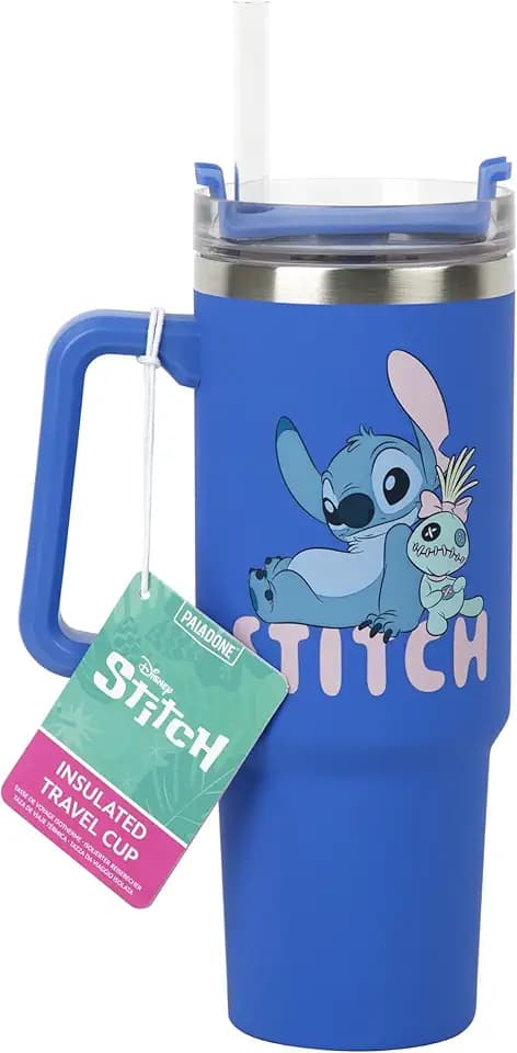 Paladone Disney Stitch-Thermobecher mit Strohhalm, 900 ml, blau, offiziell lizenzierter Becher mit Griff für Eistee oder Kaffee, Popkulturartikel für Fans