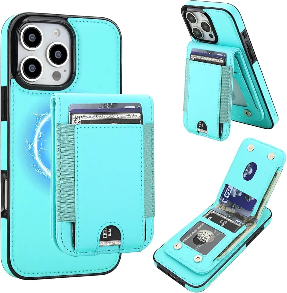 KIHUWEY 2 in 1 Detachable Wallet Case for iPhone 16 Pro Max 6.7", Compatible with MagSafe, PU Leather Magnetic Kickstand RFID Blocking Cover with Credit Card Holder, Mint Green