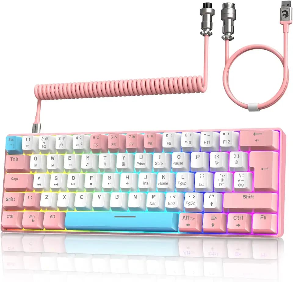 ZIYOU LANG T60 Wired Gaming-Tastatur mit Spiral USB-C Kabel - Kompakt 60% UK Layout(QWERTY) Mechanische Tastatur, 19 Rainbow RGB Backlit Mini 62 Tasten Klickender Blue Switch für PC/Mac - Rosa