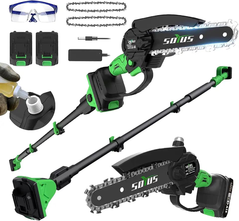 SOYUS 2-IN-1 Electric Pole Saws for Tree Trimming, 21V 6-Inch Mini Chainsaw with 2x2.0Ah Batteries, Tree Trimmer with Extension Pole for Thick Branches, Auto Oiling, 14FT MAX Reach