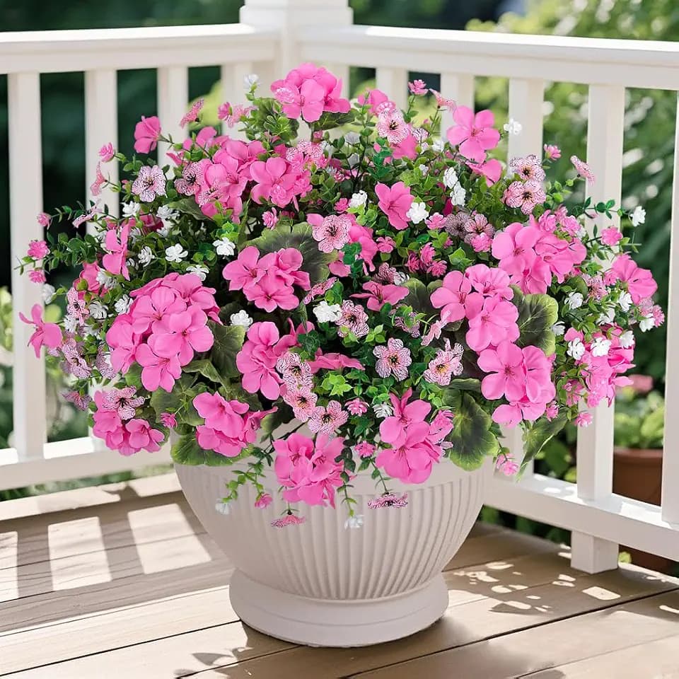 Ouddy Decor 18'' Artificial Geraniums Flowers for Outdoors Decor, Pink