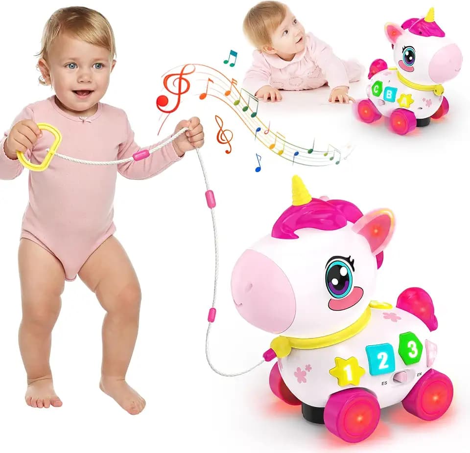 Bilingual Musical Crawling Toy for 1 Year Old Girl Gifts,Musical Unicorn Toys for Baby 6-12 Months,Baby Toys 6-12-18 Months,Toddler Educational Toy,Birthday Gifts with Music Light,Baby