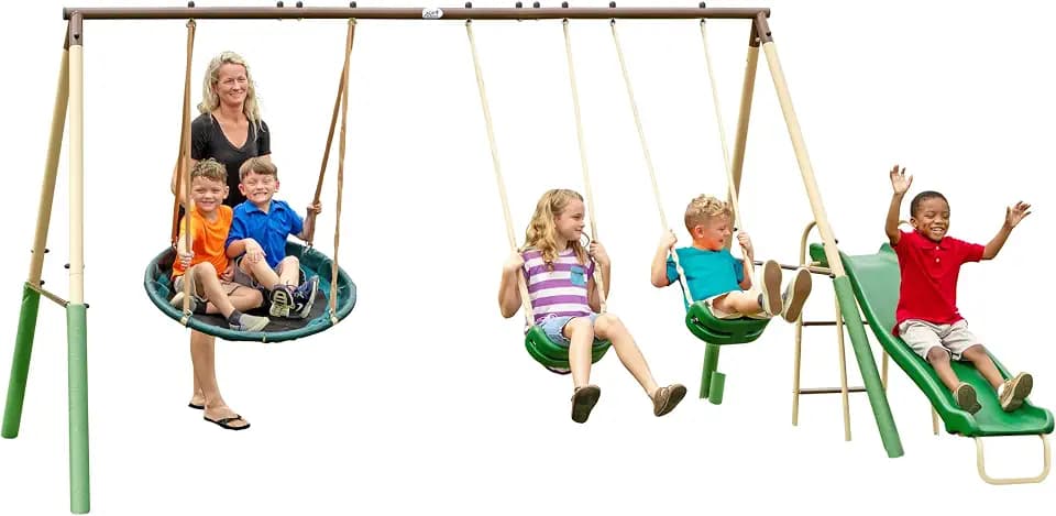 SuperDisc Swing Set with SuperDisc Swing. 5 User Capacity, Easy Assembly, Metal Frame Backyard Playground Set for Kids. with Padded Frame Legs for Safety. 148" L x 93" W x 74" H, by XDP Recreation