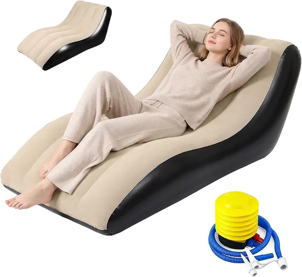 Aufblasbares Sofa mit Fußhocker, Aufblasbarer Sessel, Luftsofa, Aufblasbare Couch für Camping, mit Luftpumpe, Tragbares Beflockter Couch Oberfläche für Innen/Outdoor, Camping, Reisen, Strand (Khaki)
