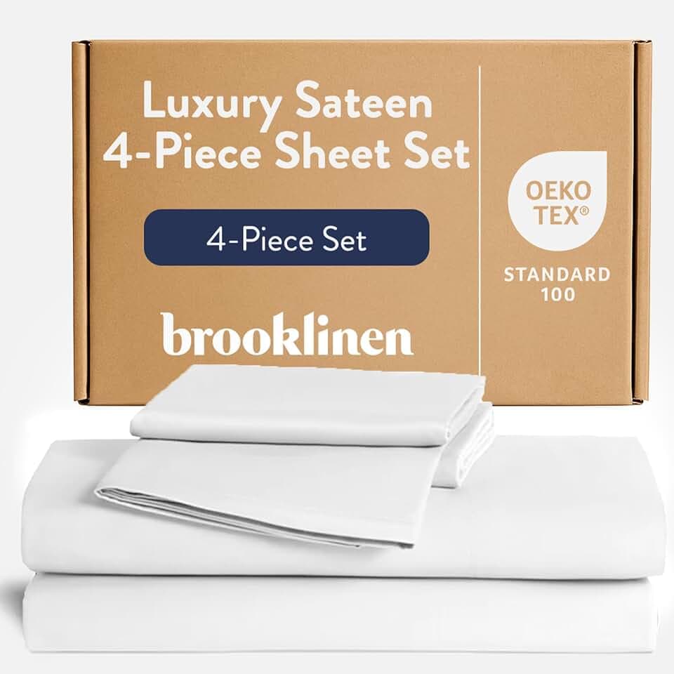 Brooklinen Luxuriöses 4-teiliges Satin-Bettwäsche-Set, 100% Baumwolle, Queen-Size-Größe in Weiß, 1 Spannbetttuch, 1 Bettlaken, 2 Kissenbezüge