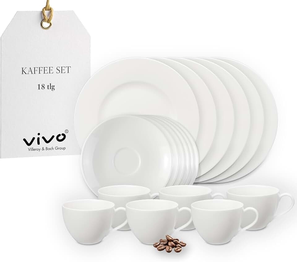 vivo - Villeroy & Boch Group - Basic White Kaffee-Service Set 18 teilig Weiß, Kaffee Geschirr Set, Kaffeeservice Modern 6 Personen, Premium Porzellan