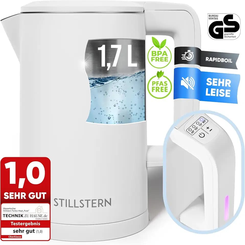 Stillstern Wasserkocher mit Temperatureinstellung [PFAS&PTFE FREI, 1,7L, 2200W, 40-55-70-85-100°C, Edelstahl-Filter], 12h Warmhalten, Wasserkocher mit Präzisionsausguss, Schnelles Aufheizen, Teekocher