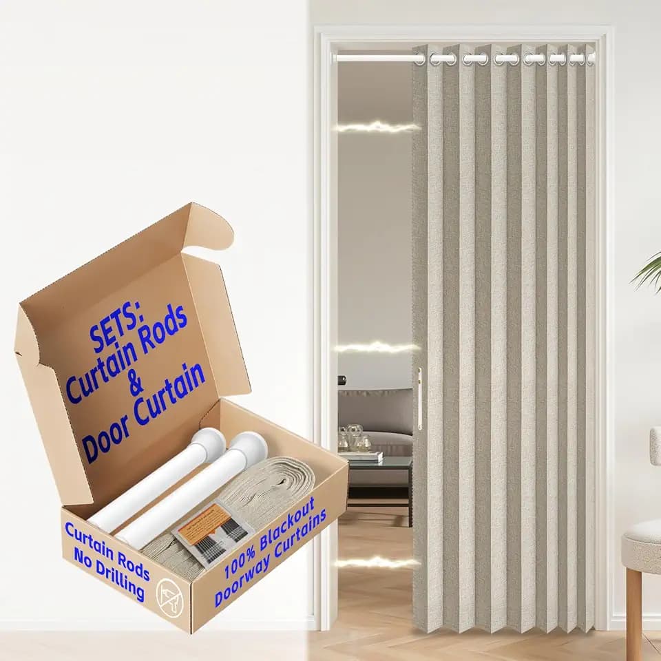 AJAZZ Blackout Accordion Door Curtains with Curtain Rods Adjustable 28-39" Long, Magnetic Door Curtain Blackout Curtains for Bedroom, Doorway Curtain Set, 1 Pack, W45 x L80 in, Cream White