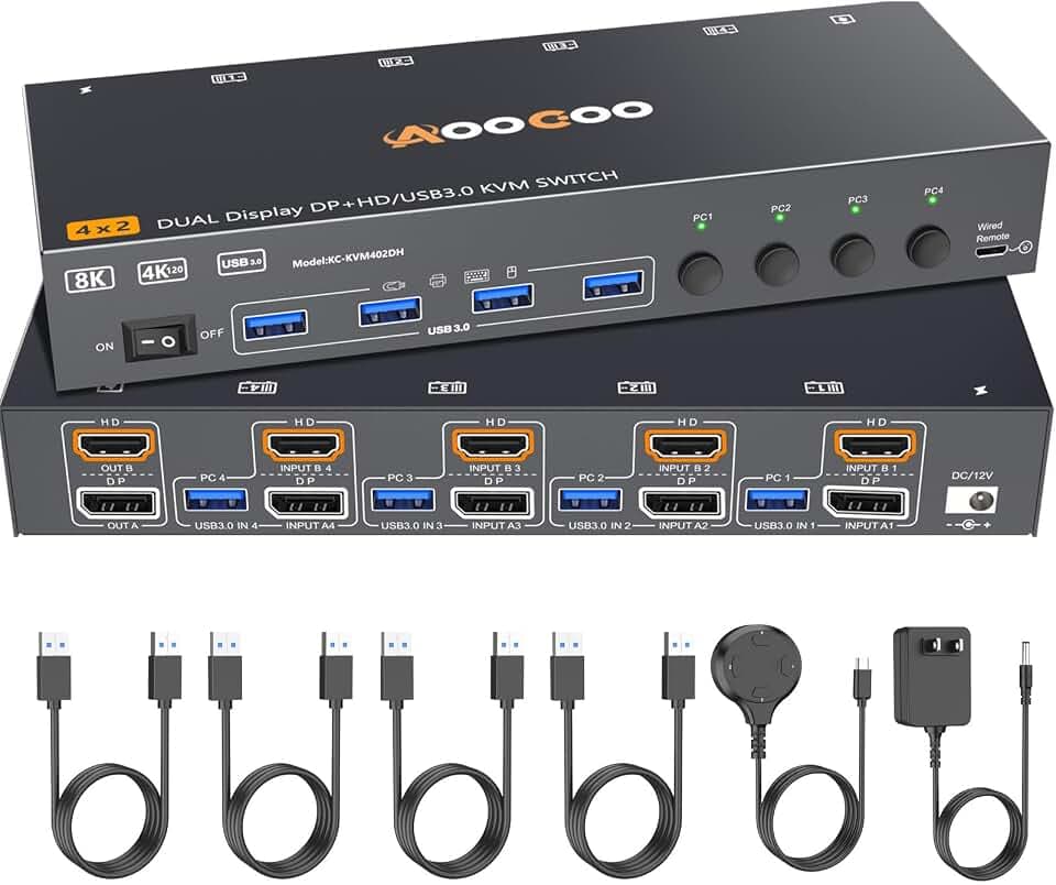HDMI Displayport KVM Switch 4 Computers 2 Monitors, 8K@60Hz/4K@144Hz Dual Monitor KVM Switch for 4 PCs Share 2 Monitors, with 4 USB3.0 Ports, USB Cables and Power Adapter,Black 15cm HDMI DP KVM