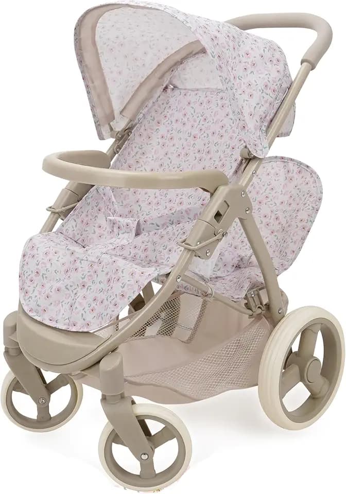 509 Crew: Little Flora - Mabelle Duo Twin Doll Stroller - Flower-Tan-Pink, Storage Basket, Retractable Canopy, Folding, Pretend Play Toy, Kids 3+
